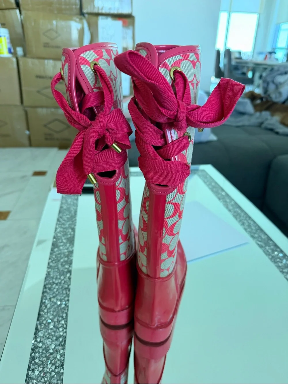 Coach Pink Signature Pattern Tall Rain Boots